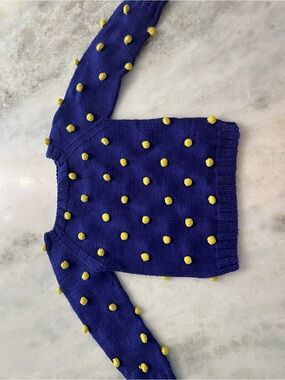 Kalinka: popcorn sweater, Navy Blue Pom-Pom Sweater with Yellow. Hand Knit